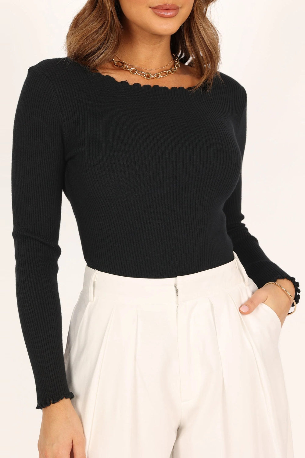 Serene | Lettuce Edge Round Neck Long Sleeve T-Shirt