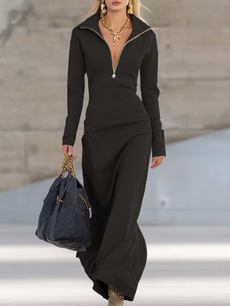 Celestia | Retro Sporty V-Neck Zipper Maxi Dress