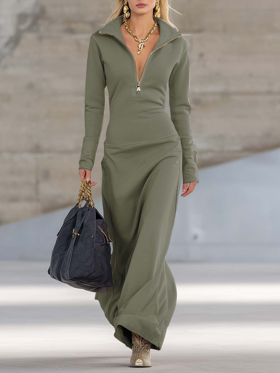Celestia | Retro Sporty V-Neck Zipper Maxi Dress