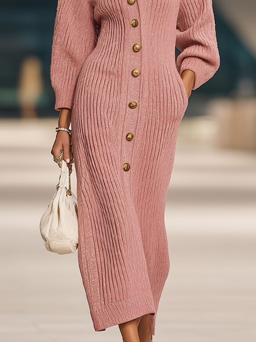 Odette | Lapel Multi-Button Knitted Cardigan Midi Dress