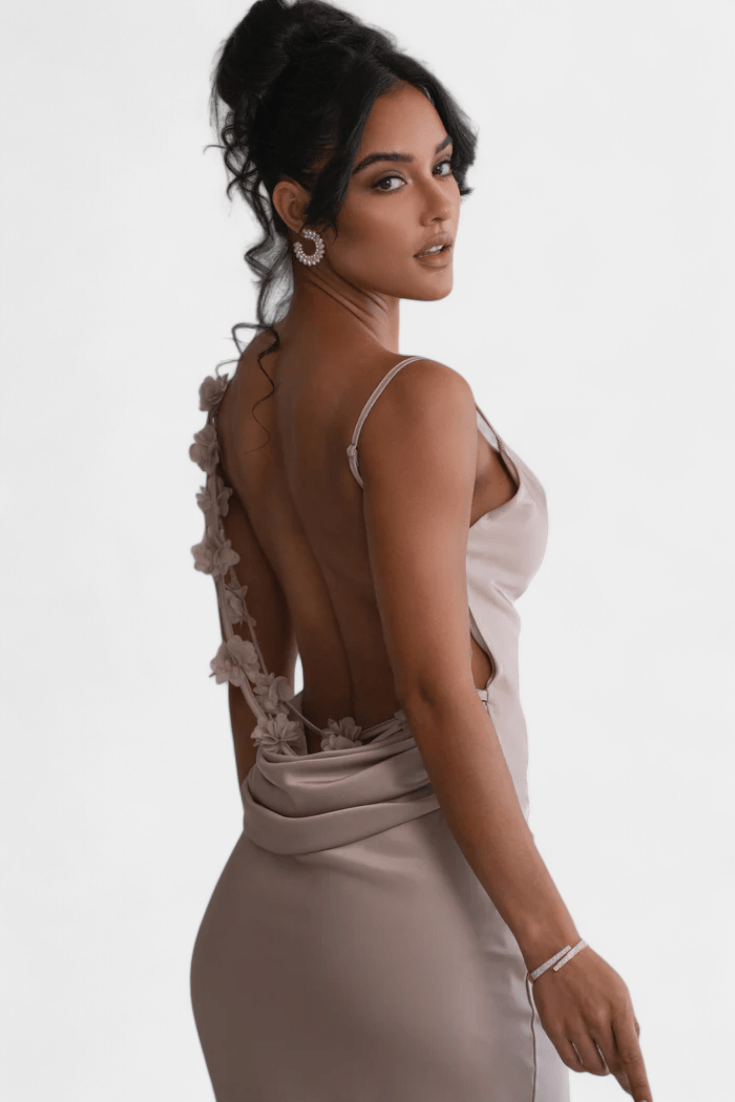 Mercedes | Cowl Back Floral Trim Bridal Dress - Lora Toronto
