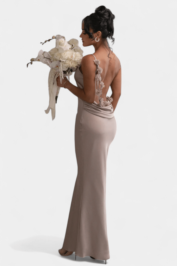 Mercedes | Cowl Back Floral Trim Bridal Dress - Lora Toronto
