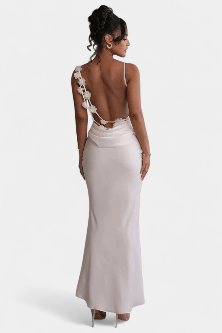Mercedes | Cowl Back Floral Trim Bridal Dress - Lora Toronto