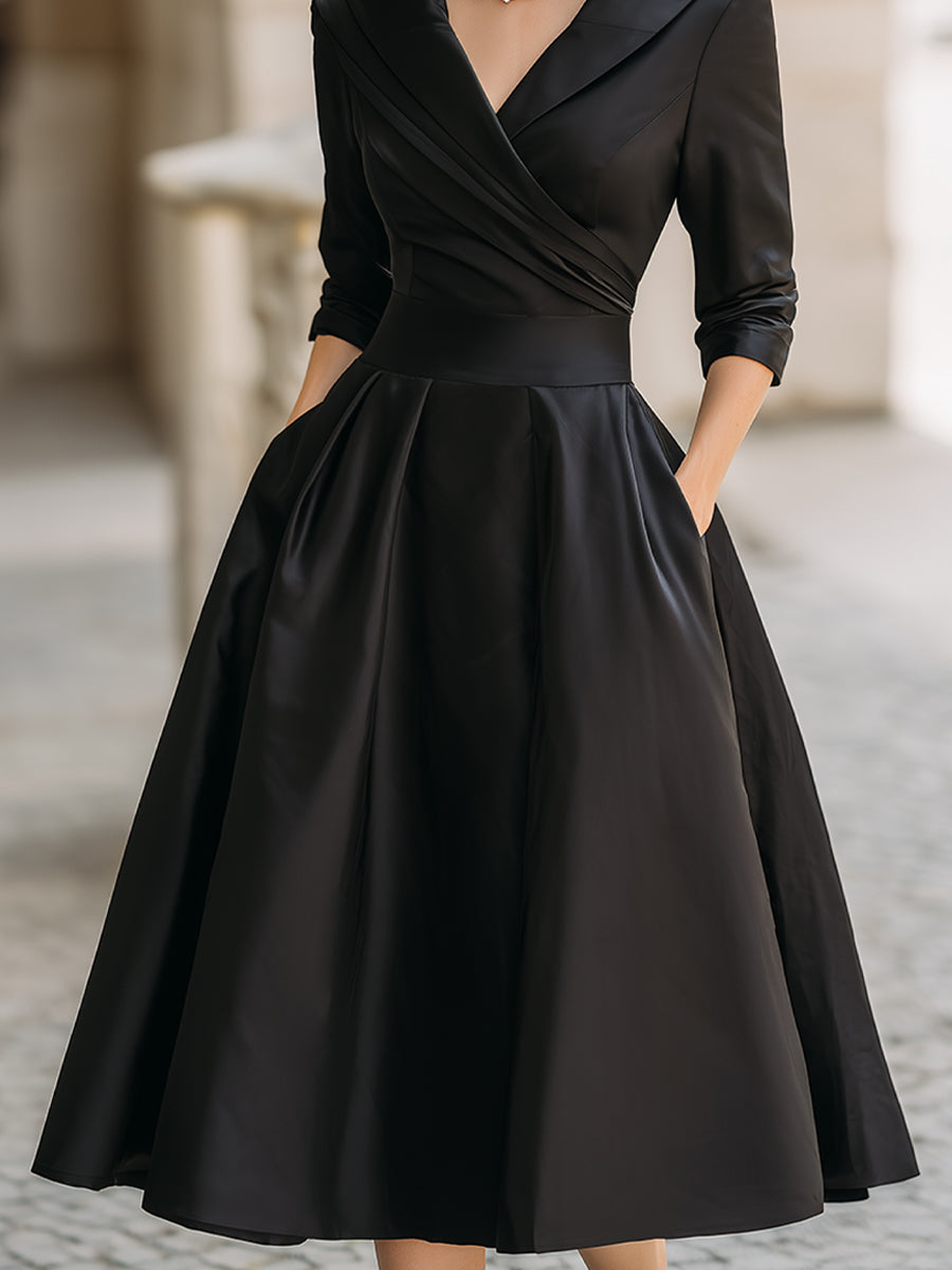 Elara | Black Satin Vintage-Inspired Midi Dress