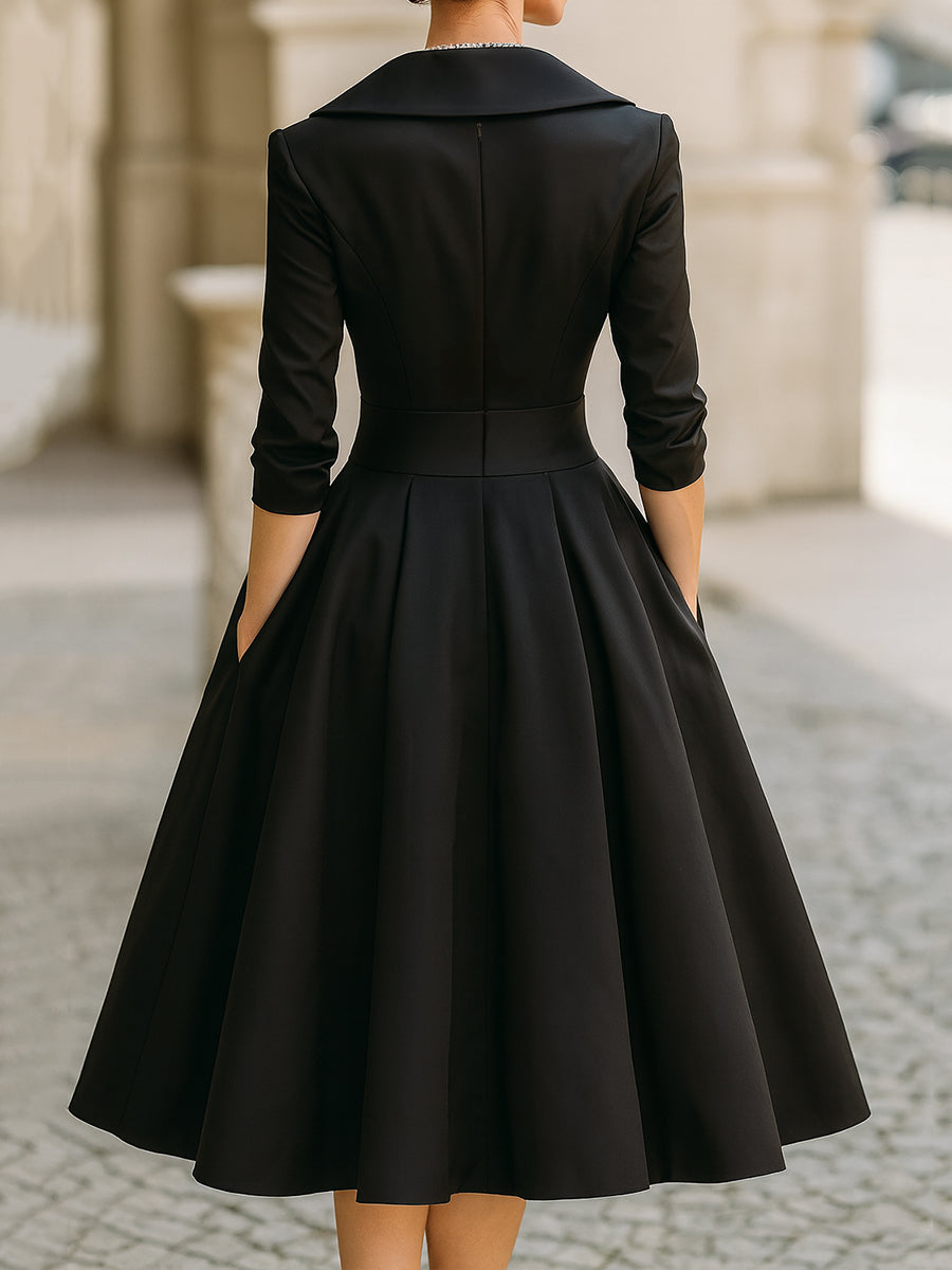 Elara | Black Satin Vintage-Inspired Midi Dress