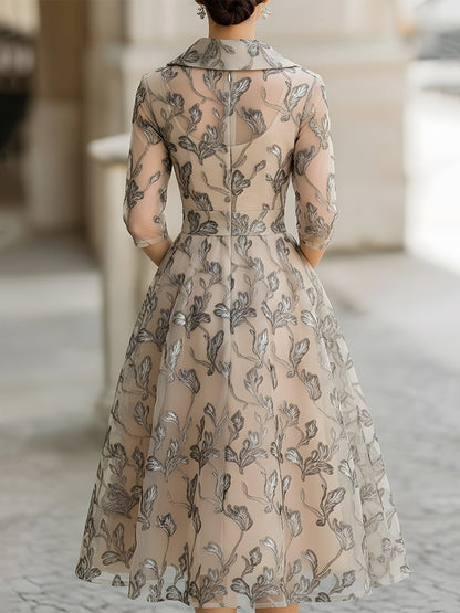 Lila | Embroidered Silver Leaf Midi Dress