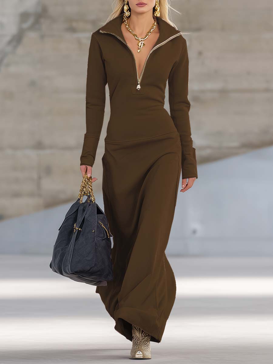 Celestia | Retro Sporty V-Neck Zipper Maxi Dress
