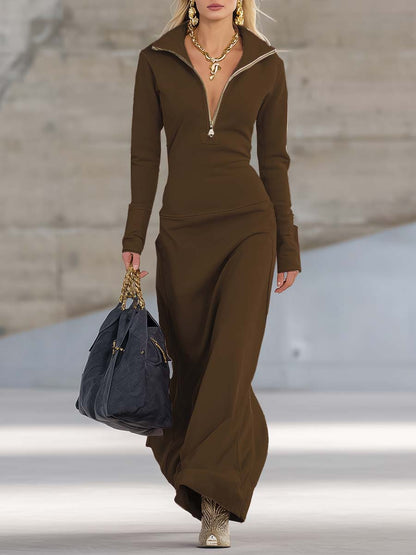 Celestia | Retro Sporty V-Neck Zipper Maxi Dress