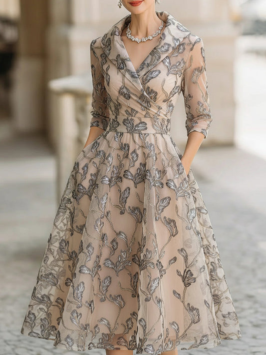 Lila | Embroidered Silver Leaf Midi Dress