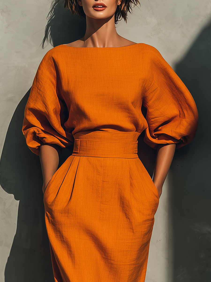 Marcelline | Vibrant Orange Cotton-Linen Midi Skirt Set