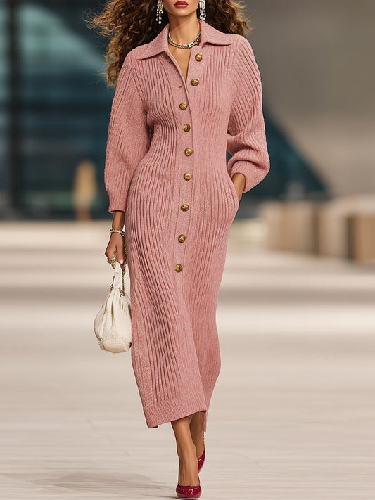 Odette | Lapel Multi-Button Knitted Cardigan Midi Dress