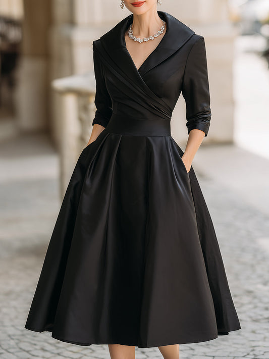 Elara | Black Satin Vintage-Inspired Midi Dress