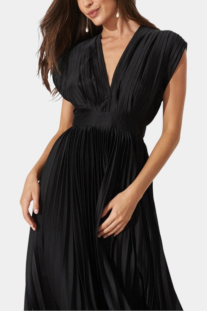 Audrey Pleated V - Neck Midi Dress - Lora Toronto