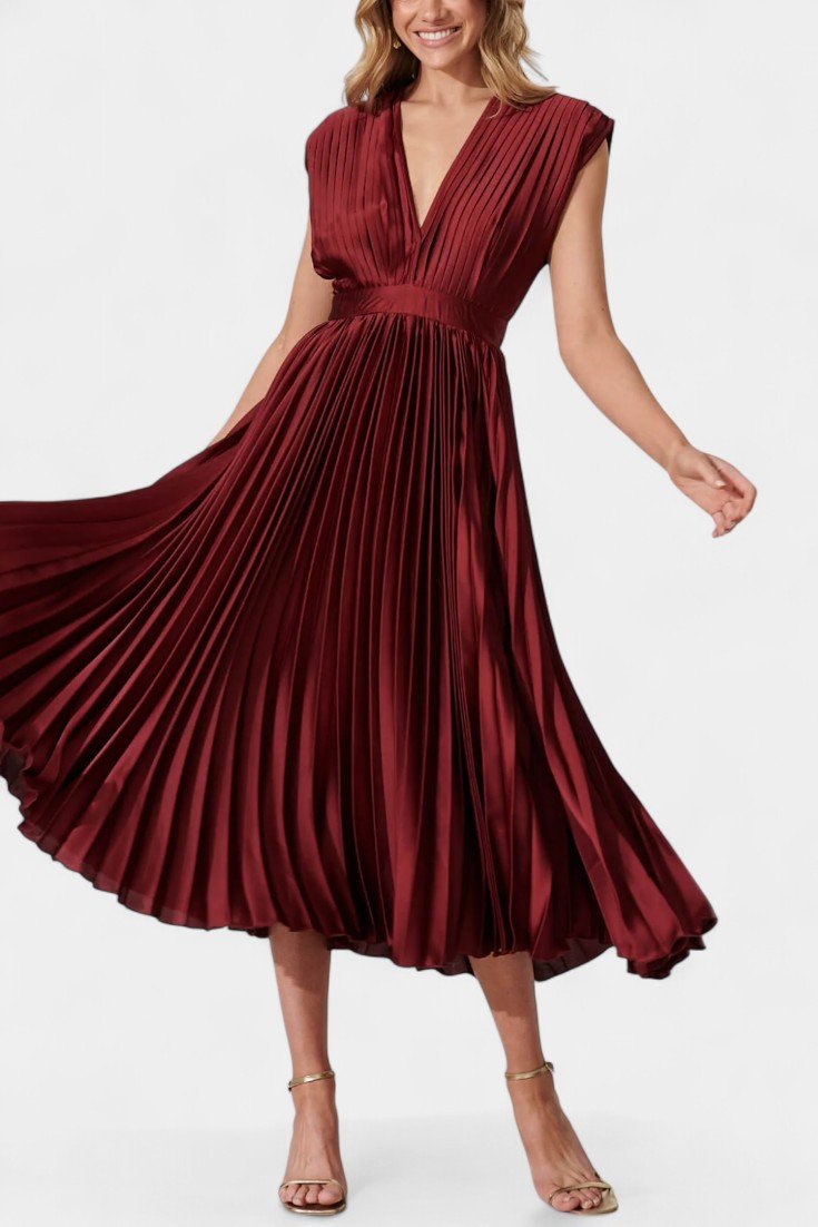 Audrey Pleated V - Neck Midi Dress - Lora Toronto