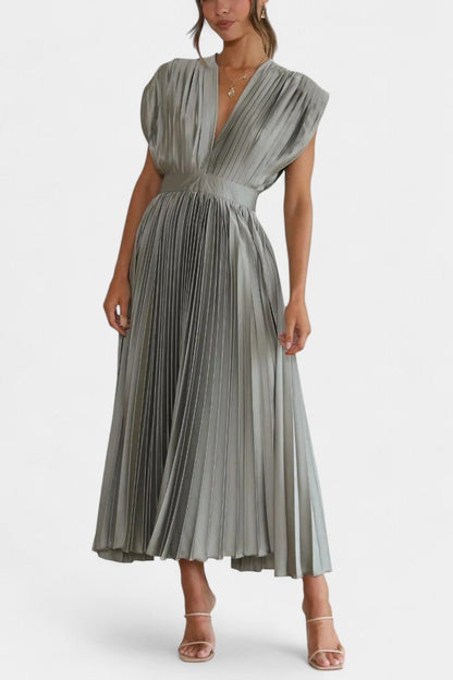 Audrey Pleated V - Neck Midi Dress - Lora Toronto