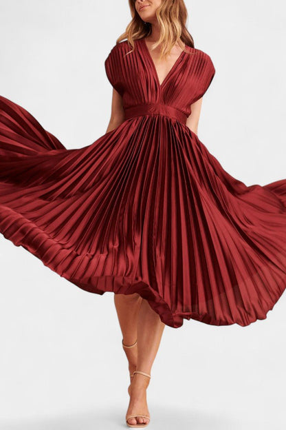 Audrey Pleated V - Neck Midi Dress - Lora Toronto