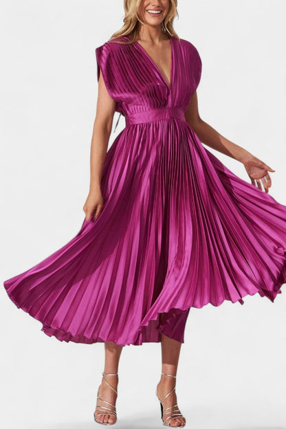 Audrey Pleated V - Neck Midi Dress - Lora Toronto