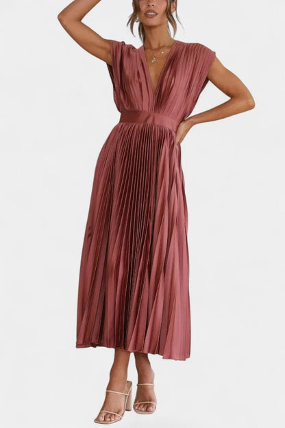 Audrey Pleated V - Neck Midi Dress - Lora Toronto