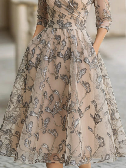 Lila | Embroidered Silver Leaf Midi Dress
