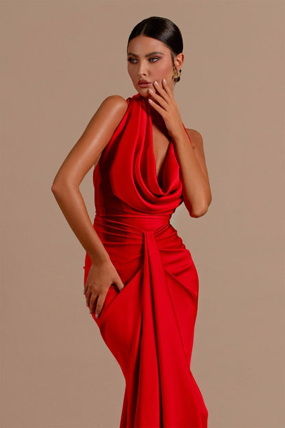 Carmella | Satin Halter Neck Backless Maxi Dress - Lora Toronto