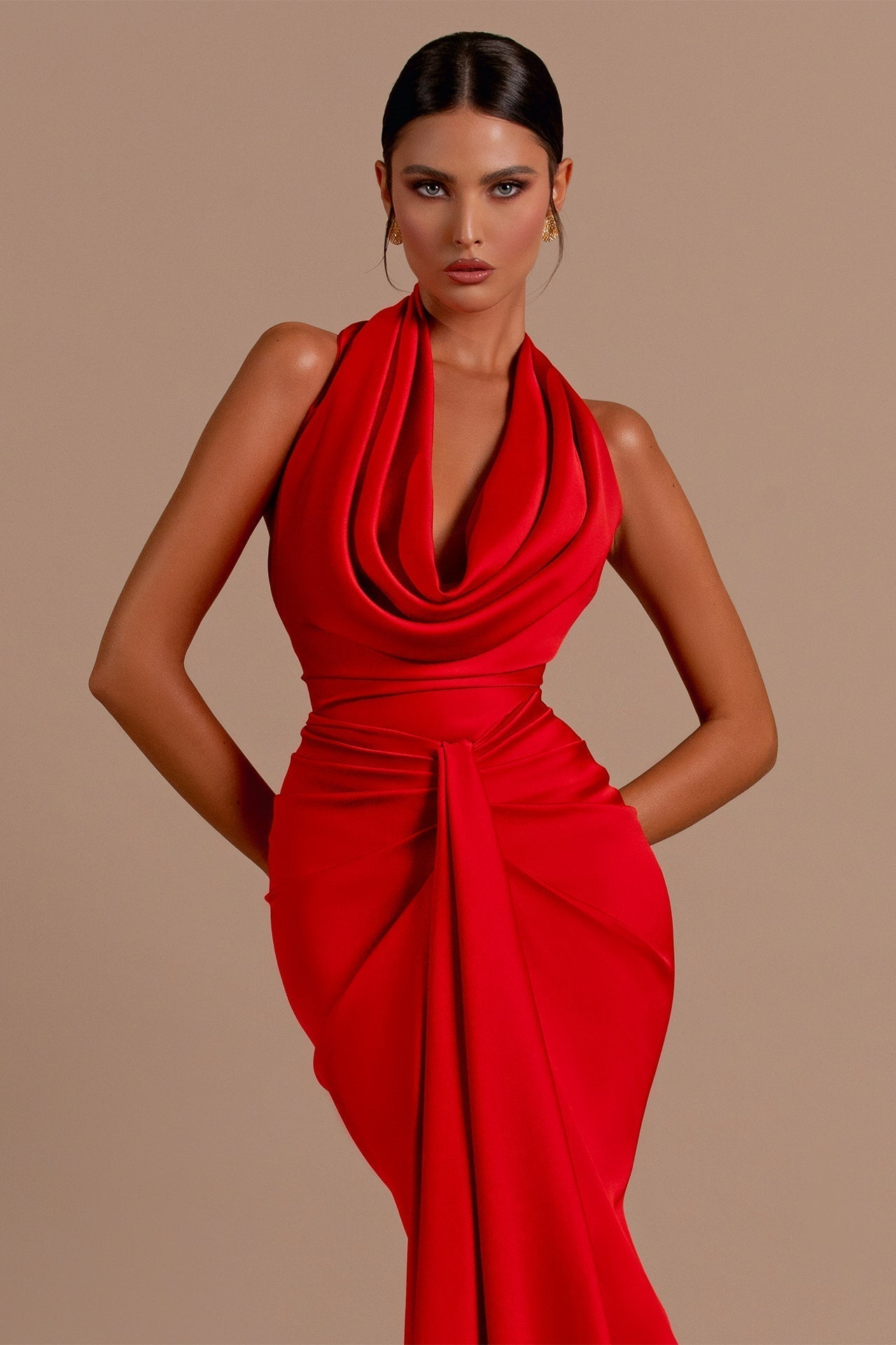 Carmella | Satin Halter Neck Backless Maxi Dress - Lora Toronto
