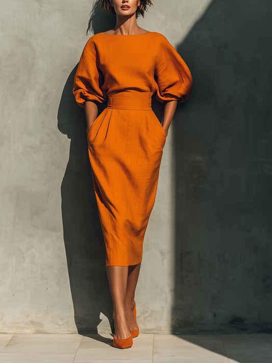 Marcelline | Vibrant Orange Cotton-Linen Midi Skirt Set