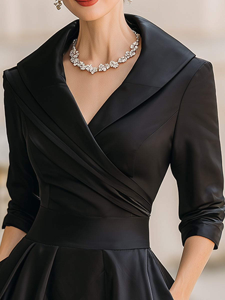 Elara | Black Satin Vintage-Inspired Midi Dress