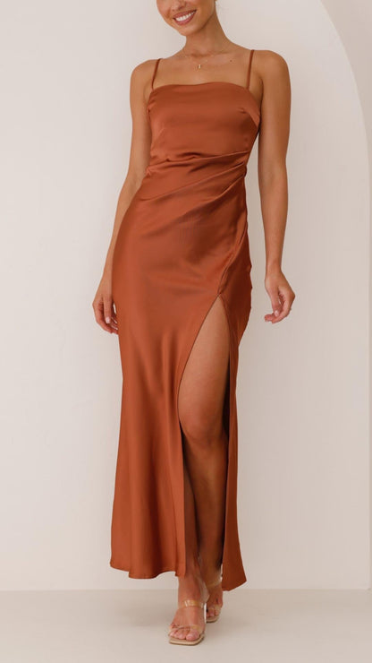 Elena | Pleated Waist Satin Maxi Dress - Lora Toronto