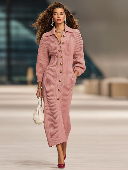 Odette | Lapel Multi-Button Knitted Cardigan Midi Dress