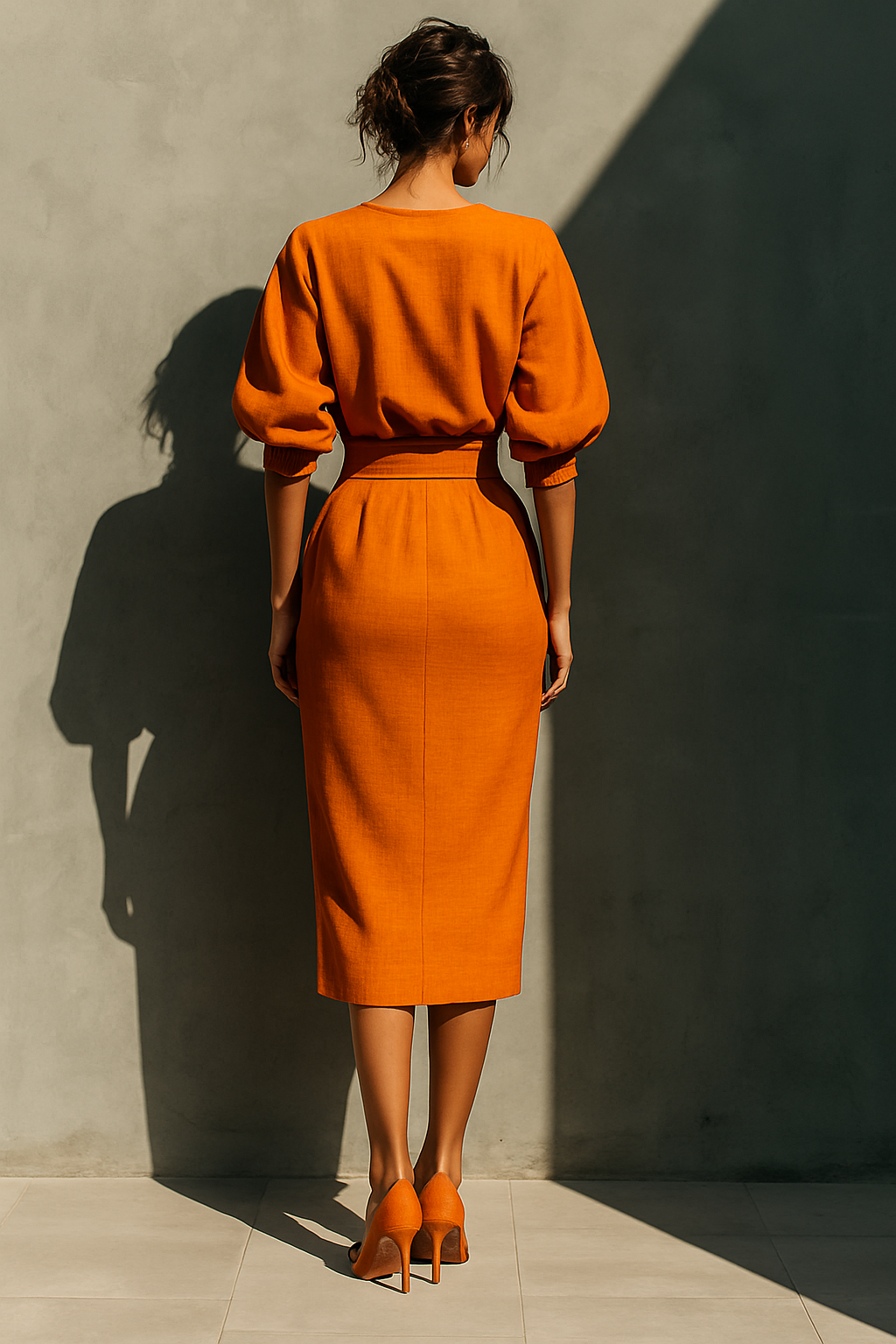 Marcelline | Vibrant Orange Cotton-Linen Midi Skirt Set