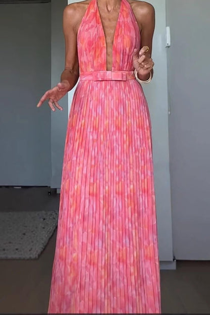 Isla | Pleated Halter Backless Maxi Dress - Lora Toronto