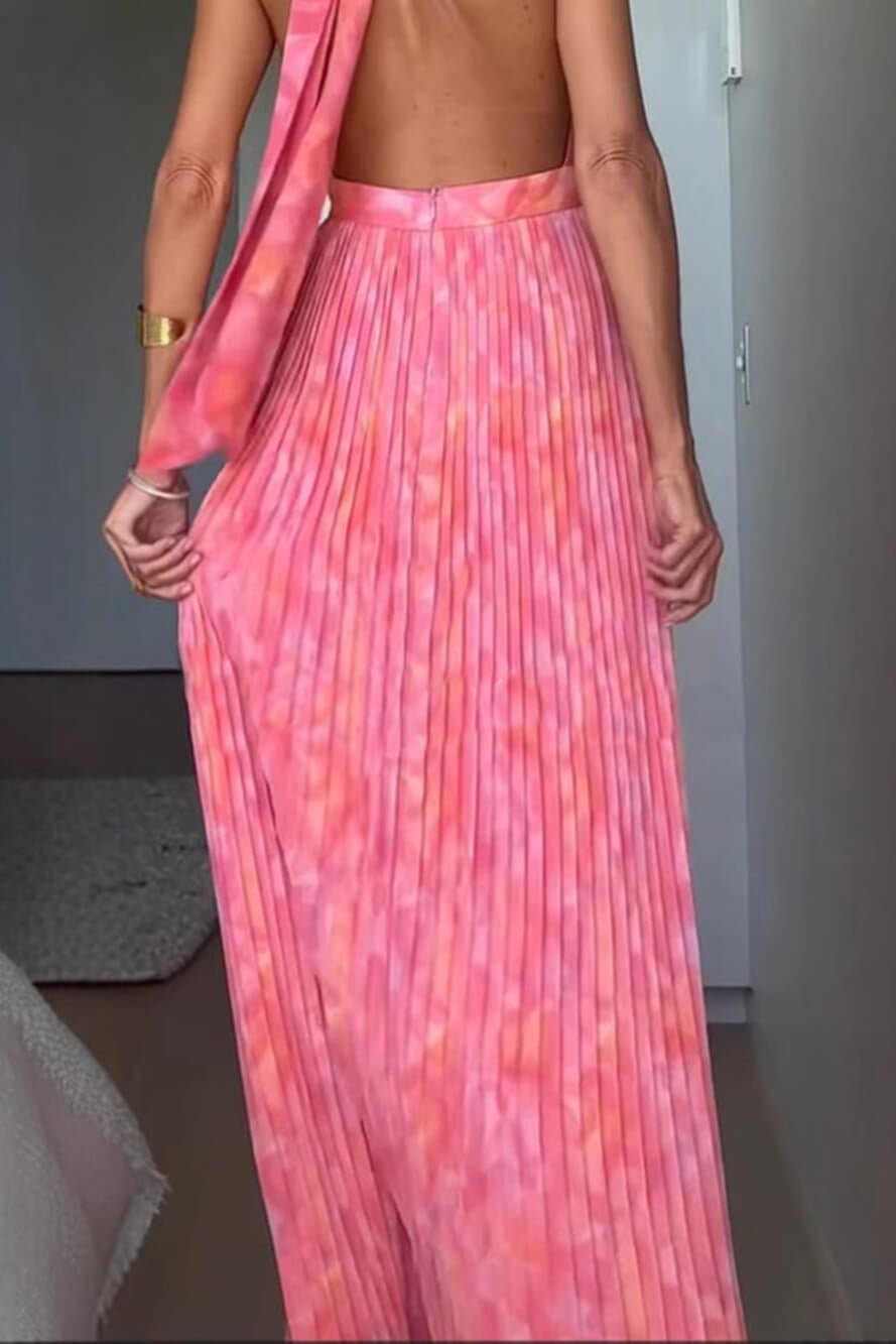 Isla | Pleated Halter Backless Maxi Dress - Lora Toronto