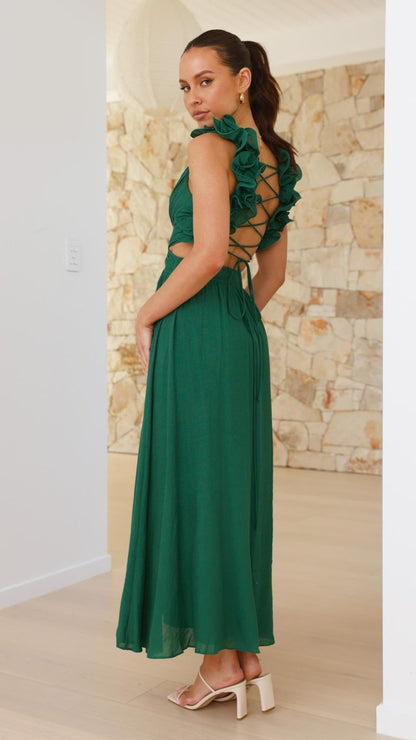 Isla | Ruffle Strap V - Neck Maxi Dress - Lora Toronto