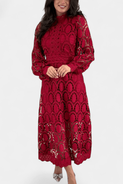 Jovie | Embroidered Lace High - Neck Midi Dress - Lora Toronto
