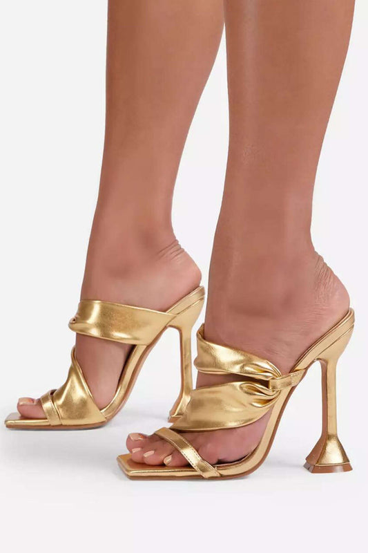 Metallic Ruched Square - toe High Heels Sandals - Lora Toronto
