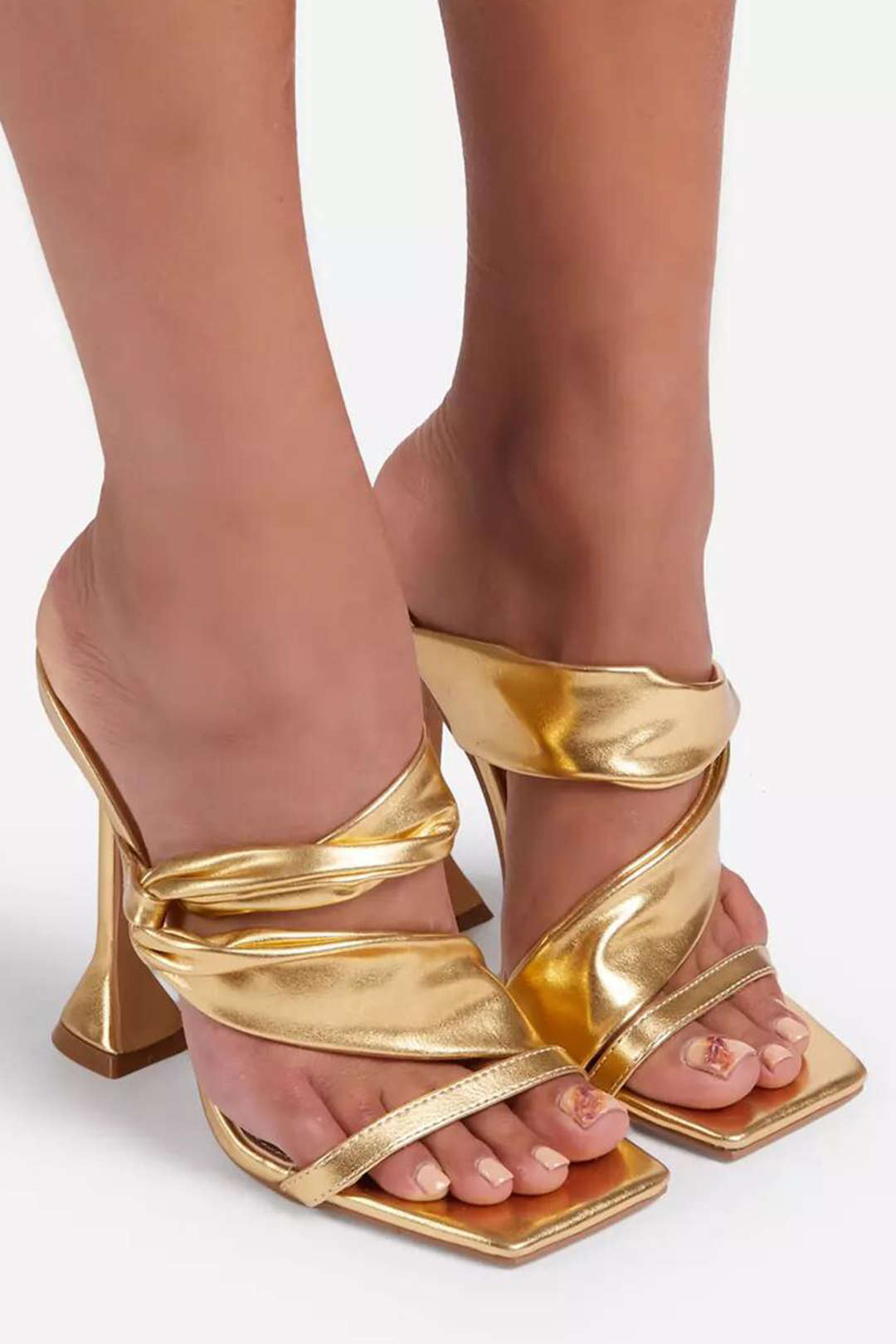 Metallic Ruched Square - toe High Heels Sandals - Lora Toronto