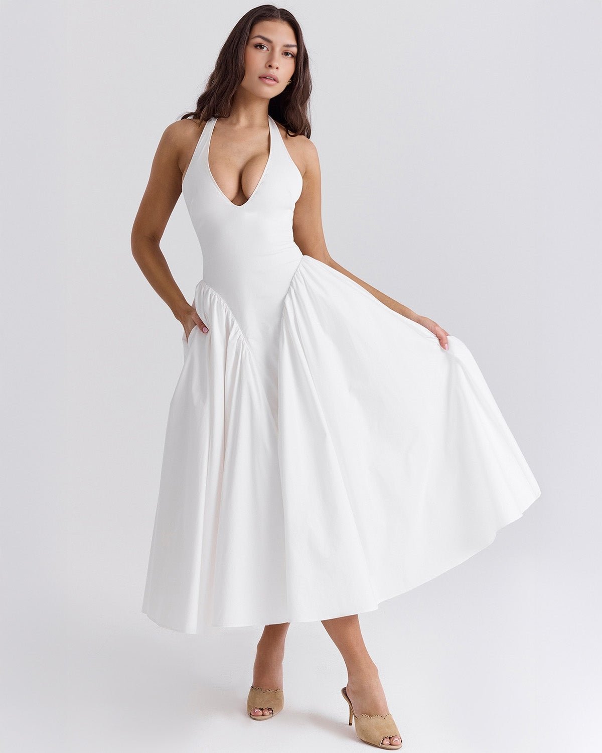 Monroe | Twill Halter Midi Dress - Lora Toronto